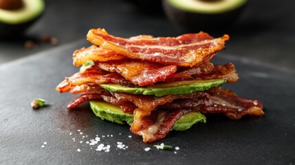 A stack of crispy bacon strips with eggs and avocado. Featuring indulgence and balance