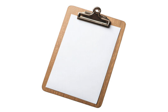 Classic wooden clipboard with a blank paper insert, resting on a clean light grey surface.