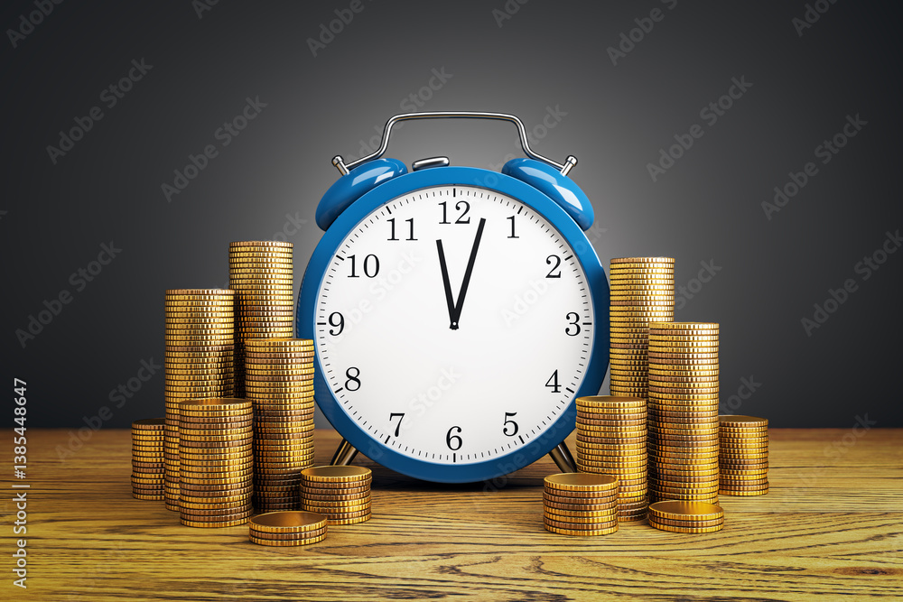 Poster blue alarm clock surrounded by gold coin stacks on wood surface with dark gradient background symbol