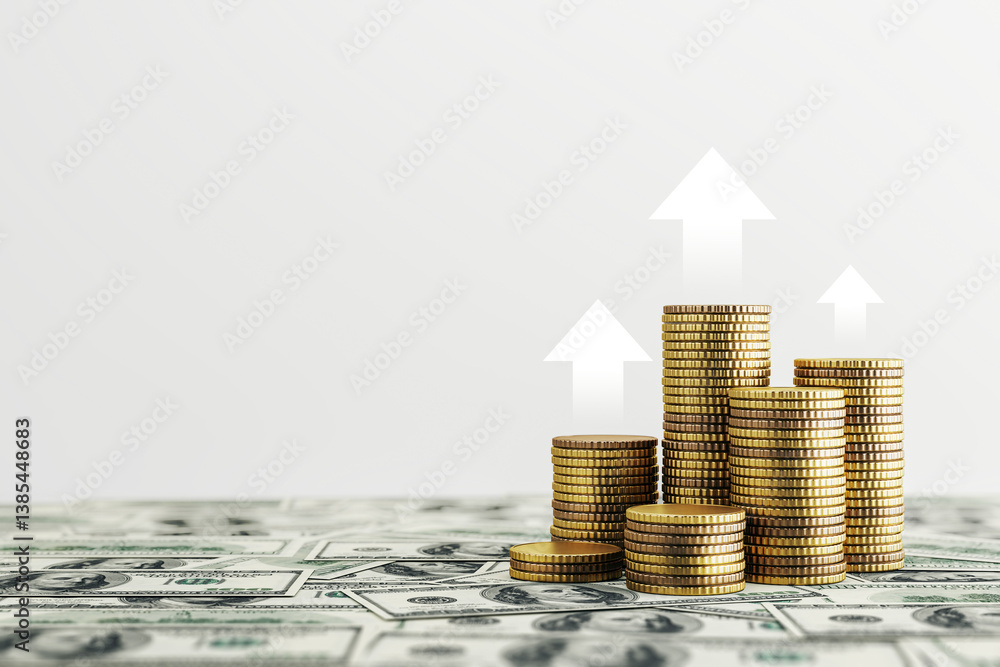 Poster stacks of gold coins on dollar bills with upward arrows symbolizing business growth and financial su