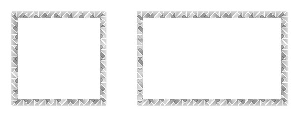 Black square and rectangular frames made of repeating linear elements, isolated on a white background. Framework, border with geometric ornament and blank place for text. Vector set for greeting card