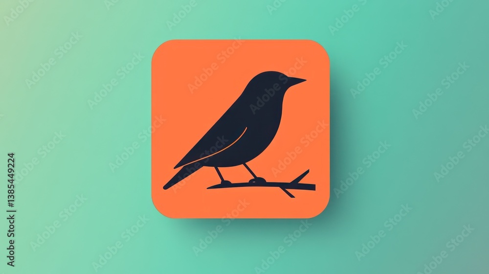 Poster silhouette bird on branch, orange app icon, soft gradient background. possible use app icon or websi