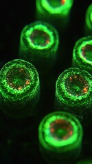 Bright green, red corals closeup, details in dark background, natural pattern details