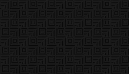 Black background with repeating square and linear elements. Abstract dark endless texture with simple geometric decor. Vector seamless pattern for wrapping paper, giftwrap, surface texture or printing