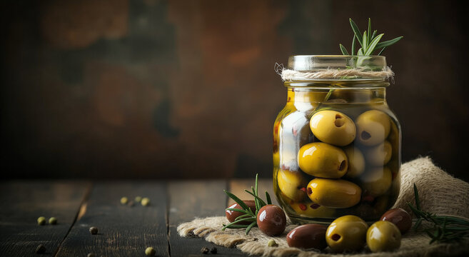 Azeitonas deliciosamente marinadas em um jarro de estilo vintage, ambiente de cozinha r&uacute;stica