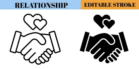 関係 編集可能なストロークのアウトラインとソリッドアイコンは、白い背景のフラットベクターイラスト、黒のアウトライン、ピクセルパーフェクトに分離されています