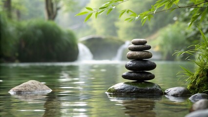 Obraz premium Zen stones stacked in front of flowing water (wellness theme)