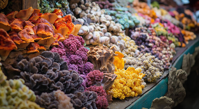 Exibi&ccedil;&atilde;o vibrante de cogumelos comest&iacute;veis em uma barraca de fazenda, produtos locais, vitrine, ambiente fresco, vista de perto, del&iacute;cias culin&aacute;rias e a generosidade da natureza