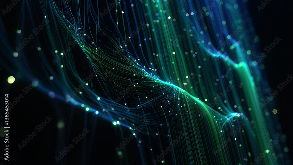 Poster colorful strands of light flow in a dark space, creating an abstract display of movement and energy.