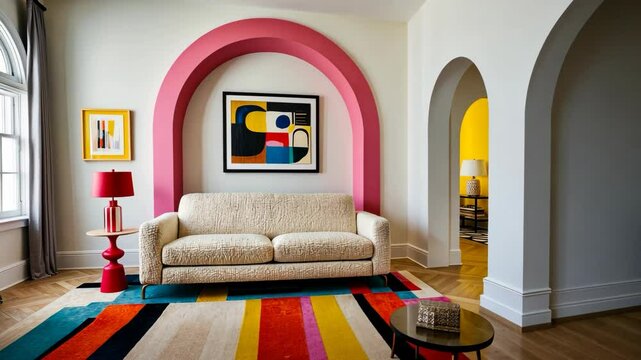 Eclectic Living Room Interior Design with Vibrant Colors, Arched Doorways and Artwork