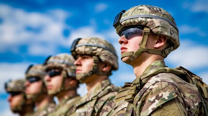 Fototapeta premium Diverse soldiers in camouflage uniforms and helmets unite during joint military exercises