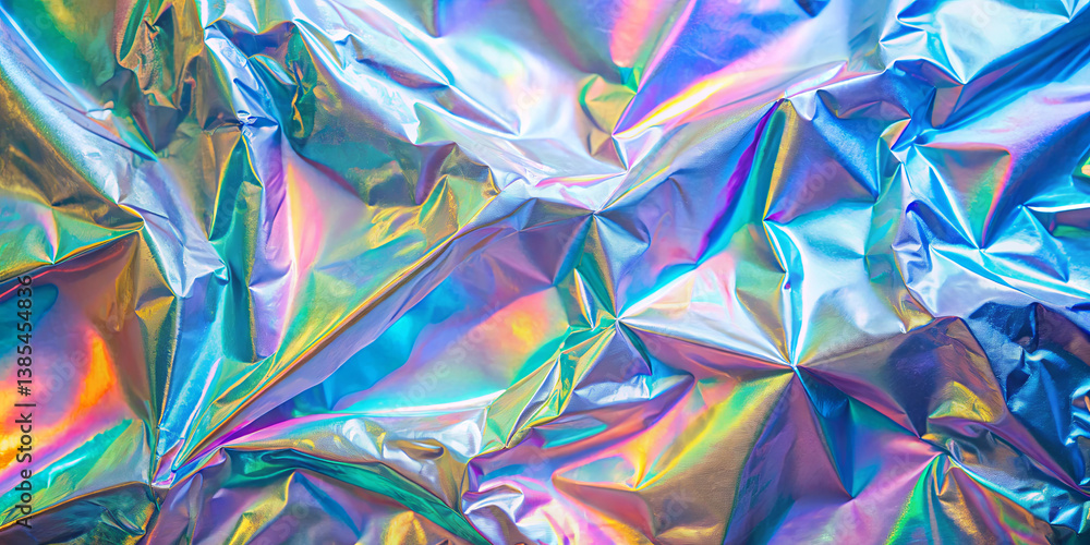 Poster bright, crinkled metallic foil displays an array of colors as it catches the light. the iridescent s