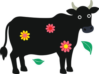 Black cow over with flower silhouette illustration art