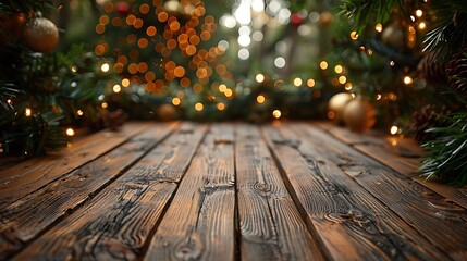 Rustic Wooden Table with Festive Christmas Tree Lights in the Background