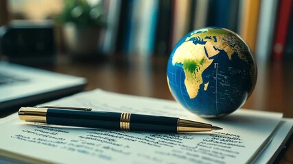 Globe and pen on desk filled with notes symbolize importance of sustainability in education and global awareness for better world.