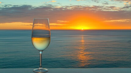 Champagne glass at sunset with ocean backdrop, golden hour glow