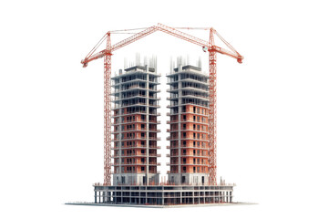 Construction site twin towers under construction cranes overhead, isolated on transparent background