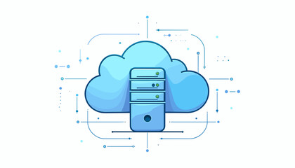 Technology concept illustration featuring outlined cloud with server and data cables in soft blue tones
