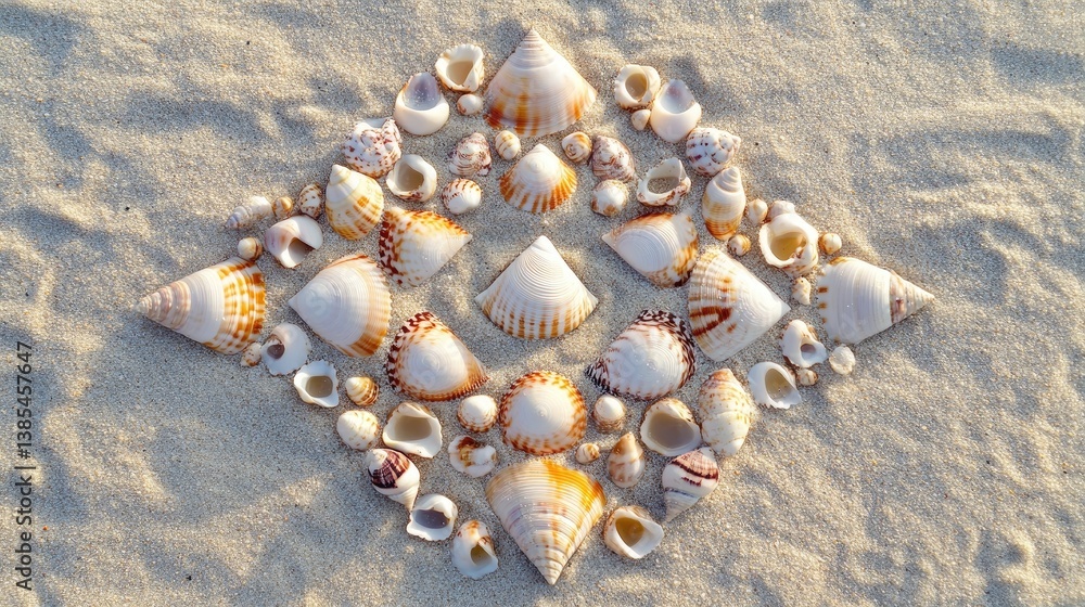 Poster collection of unique shells arranged on sandy beach surface in diamond pattern