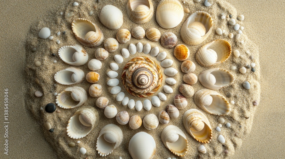 Poster symmetrical arrangement of seashells on sand creating a nature-inspired mandala pattern for coastal 
