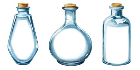 Artistic display of three unique glass bottles with wooden stoppers, showcasing elegance and craftsmanship in a minimalist arrangement