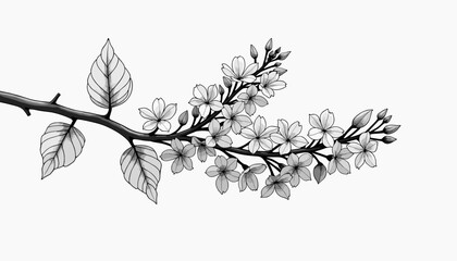 Detailed black and white illustration of a lilac branch with flowers and leaves