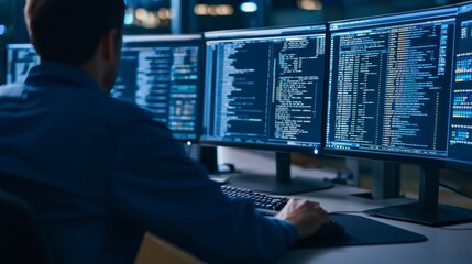 Cybersecurity action by security expert office space digital monitoring evening environment focused viewpoint