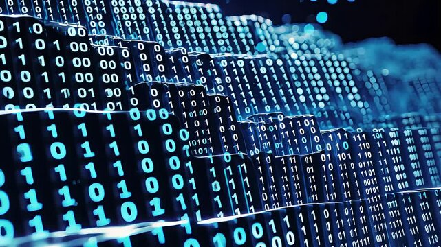 Vibrant digital binary code streams with glowing blue zeros and ones, futuristic data flow, layered tech background, cyber technology theme, abstract design
