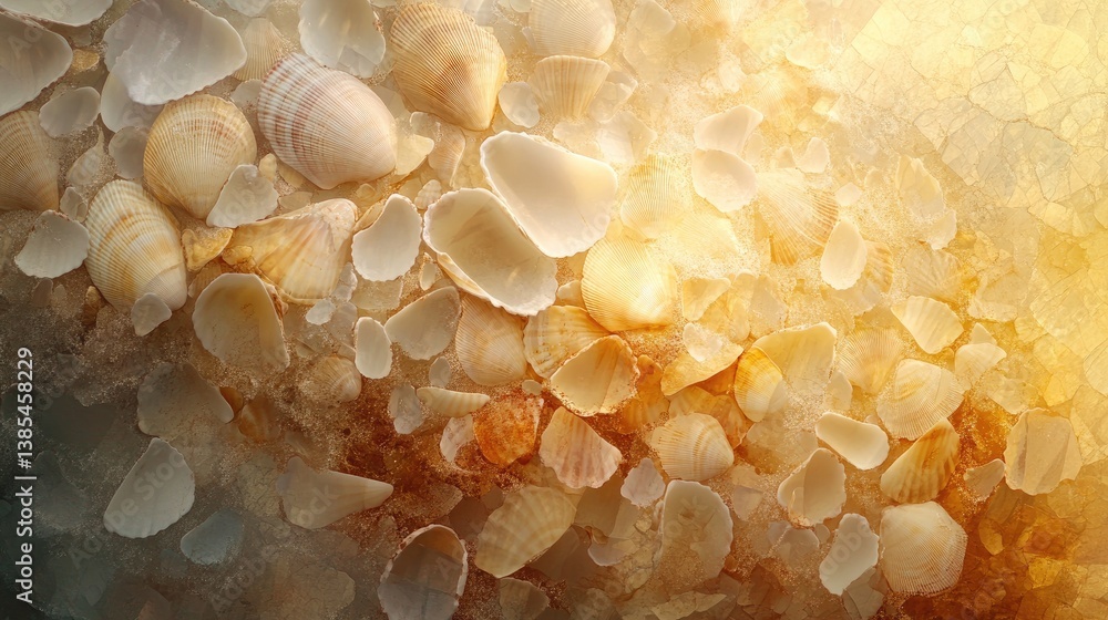 Poster abstract background of various seashells on a sandy shore with warm tones and soft lighting