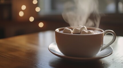 A steaming cup of hot cocoa with marshmallows. Featuring warmth and comfort