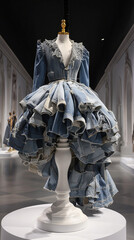 Ballgown made of deconstructed denim jackets, raw seams, on rotating pedestal in dark gallery. Ironic elegance meets DIY chaos. Generative AI