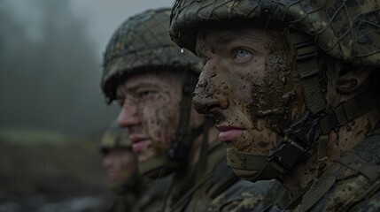 Fototapeta premium Diverse soldiers in camouflage uniforms and helmets stand together during joint military exercises