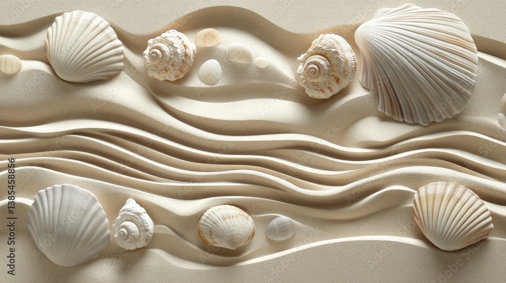 Aufkleber graceful shells arranged on soft sandy waves with natural patterns and textures for coastal aestheti