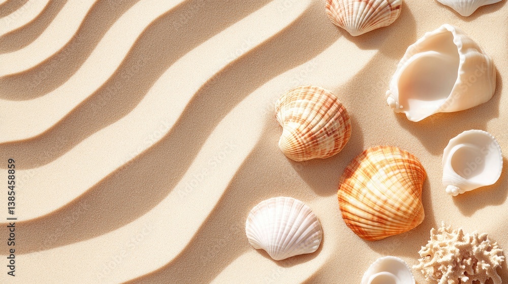 Poster collection of seashells on soft sand with gentle waves and natural patterns in a coastal environment