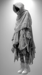 Deconstructed tunic with raw hems, long sleeves, and sculptural shoulders in a cold industrial setting with harsh light. Generative AI