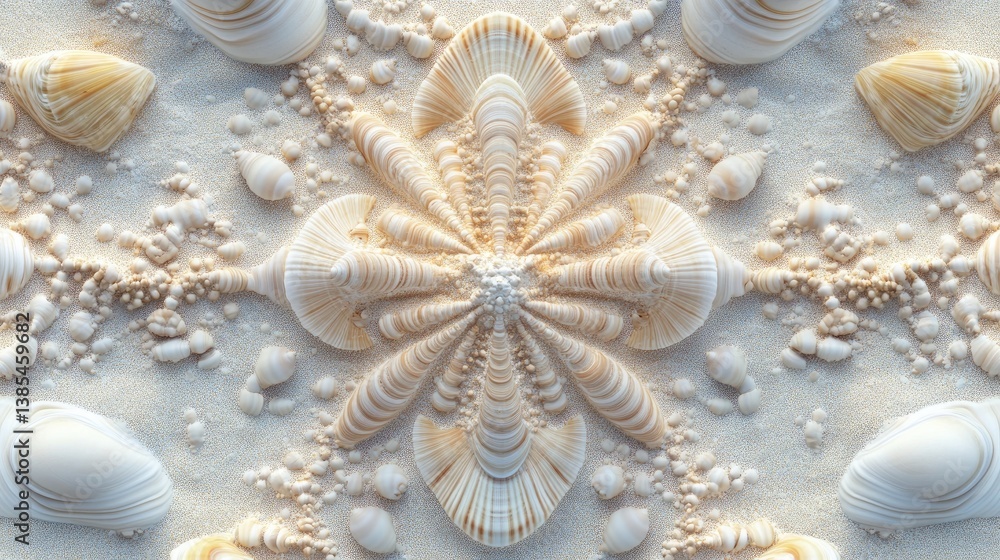 Poster intricate shell patterns on sandy beach, natural design elements and textures in soft pastel color p