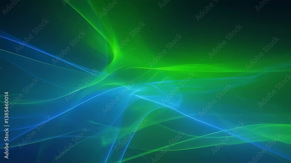 Poster abstract green and blue waves on dark background. dynamic fluid motion effect. digital art for scree