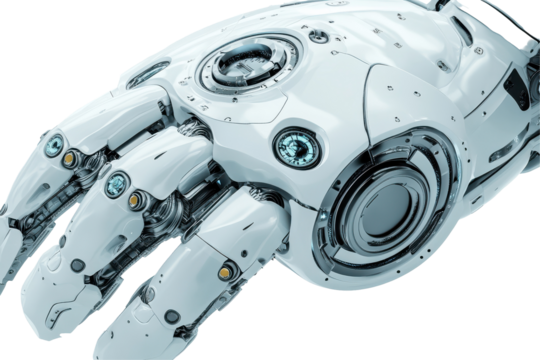 Futuristic Robotic Hand Advanced Technology White Mechanical Design, isolated on transparent background