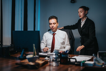 A business team working together late in the office, discussing and strategizing recent...