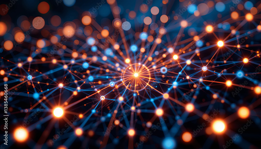 Poster a vibrant network of interconnected dots in various colors radiates from the center, symbolizing dat