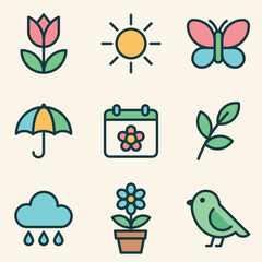 Spring Essentials Icon Pack -  Flowers, Bird, Plant, Butterfly, Weather, and Calendar