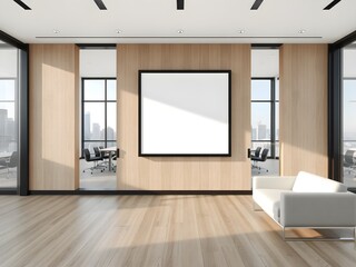 Tech-Industrial Minimalist office with blank framed poster on wooden wall