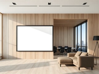 Modern Scandinavian office with huge blank framed poster on wooden wall