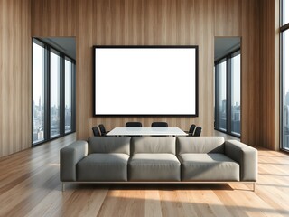 Modern corporate office with huge blank framed poster on wooden wall