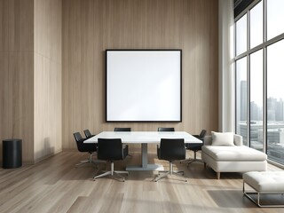 Modern Scandinavian office with huge blank framed poster on wooden wall