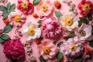 Obraz premium A soft, dreamy flat lay of pastel-colored peonies and flowers on a pink surface, perfect for Mother's Day, Women's Day, or romantic events.