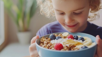 A vibrant acai bowl with granola, banana, and berries. Featuring health and energy