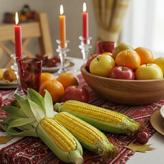 A bright, cozy Thanksgiving-style table with corn, fruits, and candles, arranged in an elegant rustic setting with warm light and premium textures.