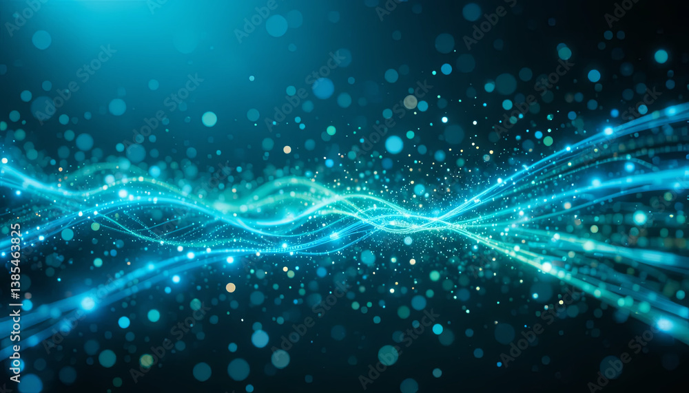 Poster vibrant blue waves flow smoothly through a field of shimmering lights, creating an abstract visual e