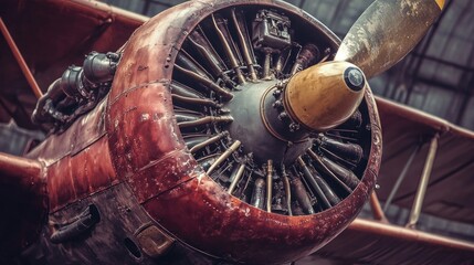 Fototapeta premium Vintage Biplane Engine in Hangar